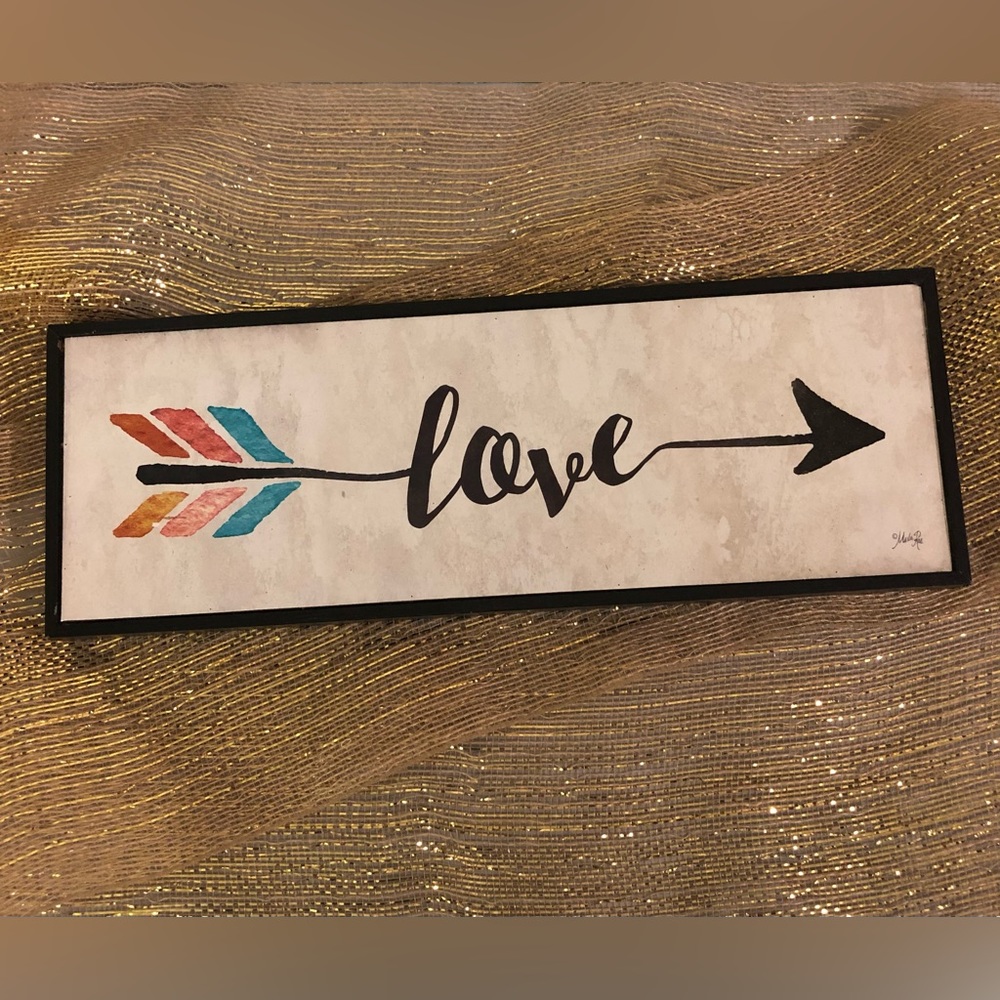 LOVE picture, 18”WX 6”L, black frame, brackets sturdy to hang, great condition.